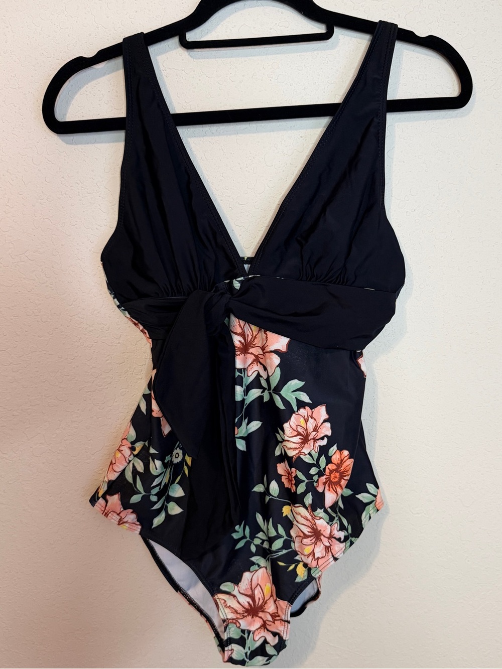 Floral Tie-Front One-Piece Swimsuit - Black with Pink Floral
